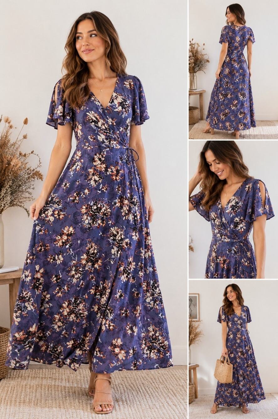 Rokoko Periwinkle Floral Wrap Maxi Dress Boho Cottagecore Romantic Tie Waist